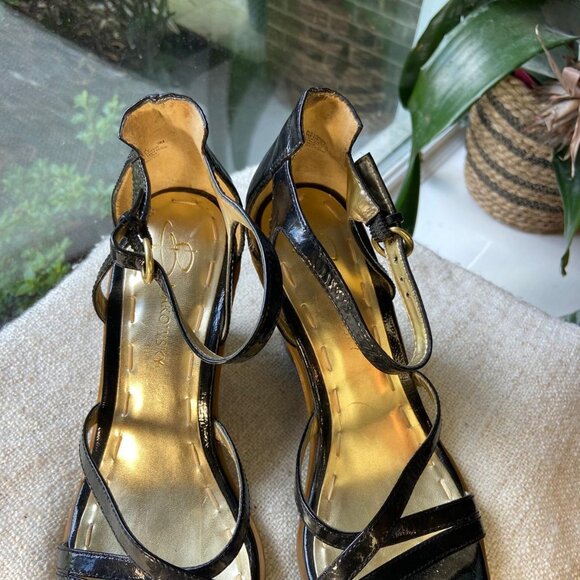 B Makowsky black patent leather BFREILLY wooden wedge sandal, S 9 - Picture 2 of 6